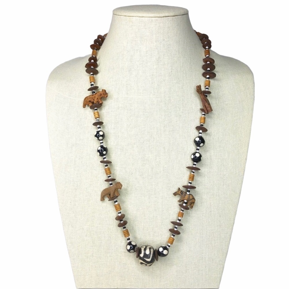 Vintage African Animals Carved Wood Bone Necklace